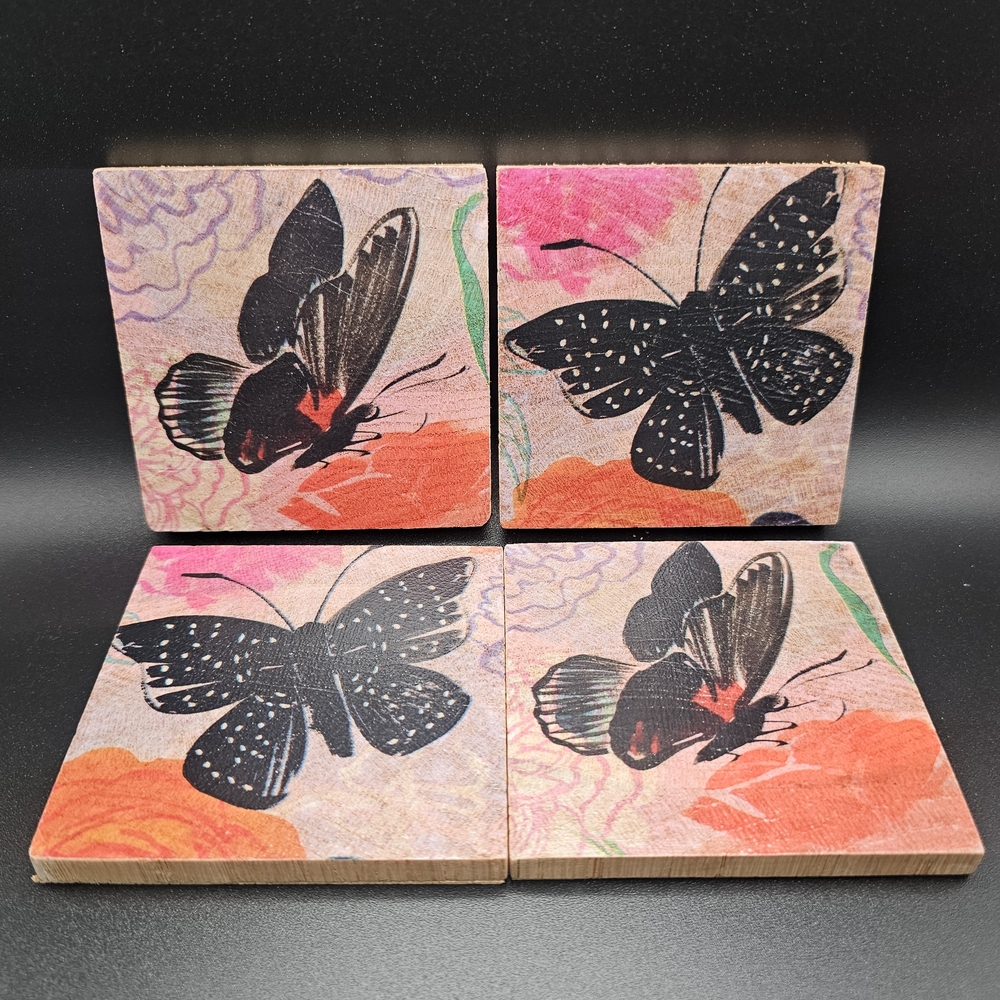 Hand Made Rosewood Butterfly Art Coasters Set